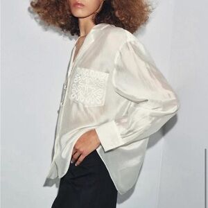 NWT Zara Sold Out ZW Collection Cream Satin Button-up with Embroidered Pocket
